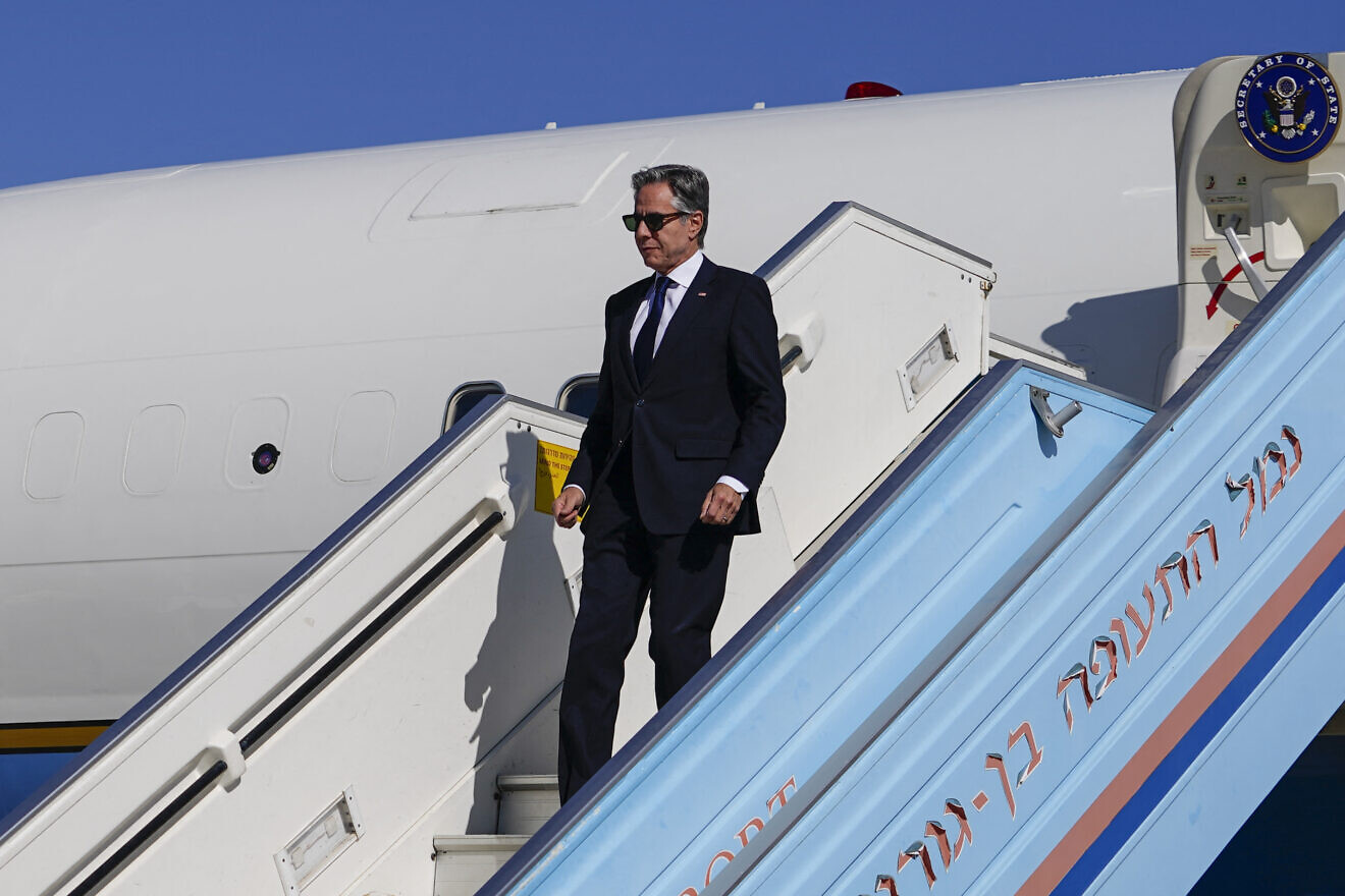 U.S. Secretary of State Antony Blinken disembarks from his plane upon arrival at Ben-Gurion International Airport, Oct. 22, 2024. Photo by Nathan Howard/POOL/AFP via Getty Images.