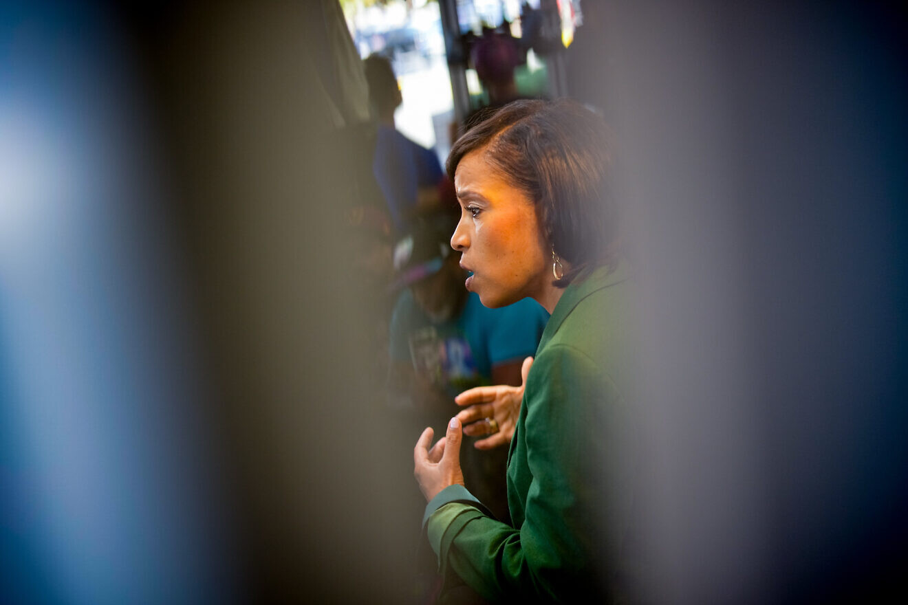 Maryland Democratic Senate candidate Angela Alsobrooks speaks at the Grooming Lounge barbershop in Kettering, Md., on Oct. 22, 2024. Photo by Andrew Harnik/Getty Images.