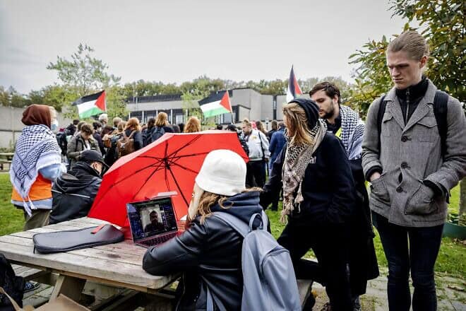 Samidoun leader Mohammed Khatib addresses pro-Palestinian students at Radboud University in Nijmegen, the Netherlands after his entry ban, Oct. 28, 2024. Photo by Robin van Lonkhuijsen/ANP/AFP via Getty Images.