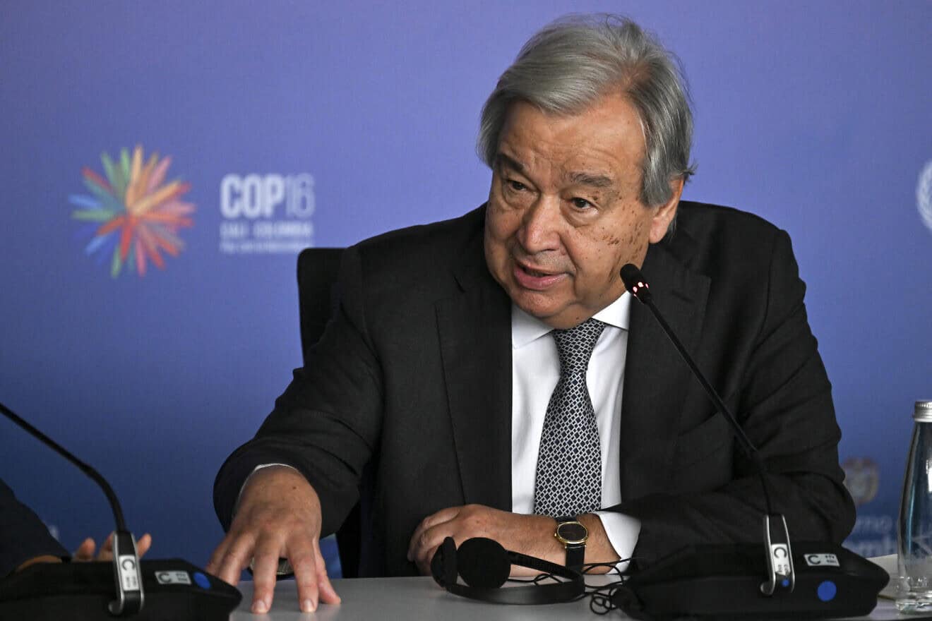 U.N. Secretary-General António Guterres speaks during a press conference at the COP16 summit in Cali, Colombia, Oct. 30, 2024. Photo by Joaquin Sarmiento/AFP via Getty Images.