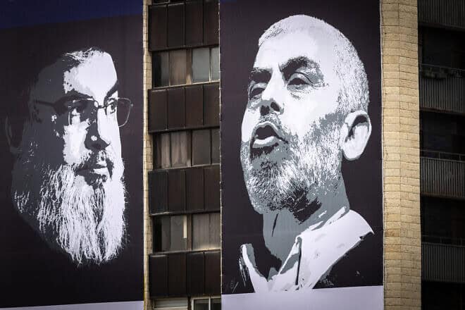 Photographs of Hassan Nasrallah (left) and Yahya Sinwar posted near Begin boulevard in Jerusalem. April 2, 2024. Photo by Chaim Goldberg/Flash90,
