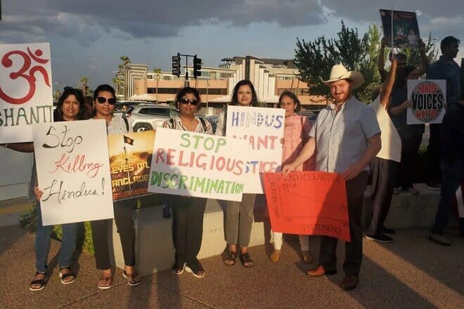 “Rally for Awareness of anti-Hindu genocide in Bangladesh”: Hindu ACTion led a team of community organizations (Anjalee Swamy is third from the right, and Jake Bennett is at far-right) that included Hindus of Bangladesh, Hindus of Arizona, AZ Sanatani, Foundation for Indian and Indian Diaspora Studies and the Israeli-American Coalition for Action (IAC for Action) in Scottsdale, Ariz., on Aug. 23, 2024. Credit: Courtesy.