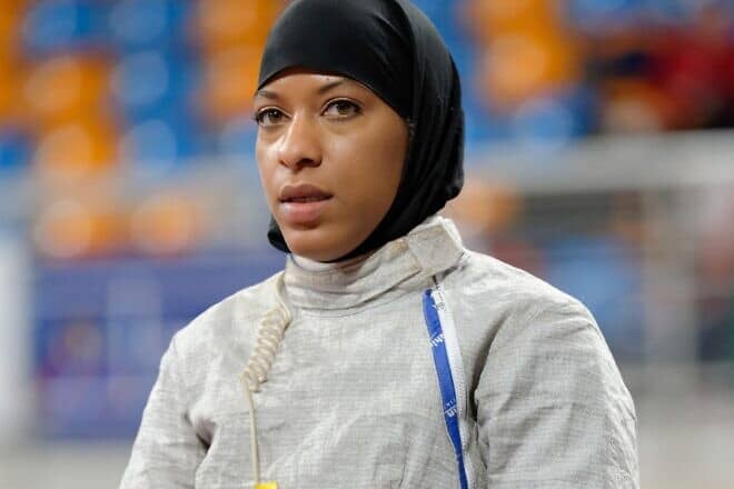 Ibtihaj Muhammad of the United States in the team event of the 2014-15 Orléans World Cup in women's sabre, Nov. 23, 2014. Credit: 	
Marie-Lan Nguyen via Wikimedia Commons.