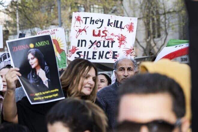 Thousands turn out in Melbourne, Australia, to stand in solidarity with protests that broke out in Iran following the death of 22-year old Mahsa Amini on Sept. 16, 2022, at the hands of the country’s so-called "morality" police, Sept. 24, 2022. Credit: Matt Hrkac via Wikimedia Commons.