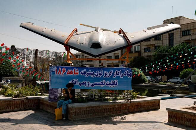 An Iran-made Shahed-186 drone on display during "Holy Defense Week" on the 44th anniversary of the Iran-Iraq War at Baharestan Square in Tehran on Sept. 26, 2024. Photo by Hossein Beris/Middle East Images/AFP via Getty Images.
