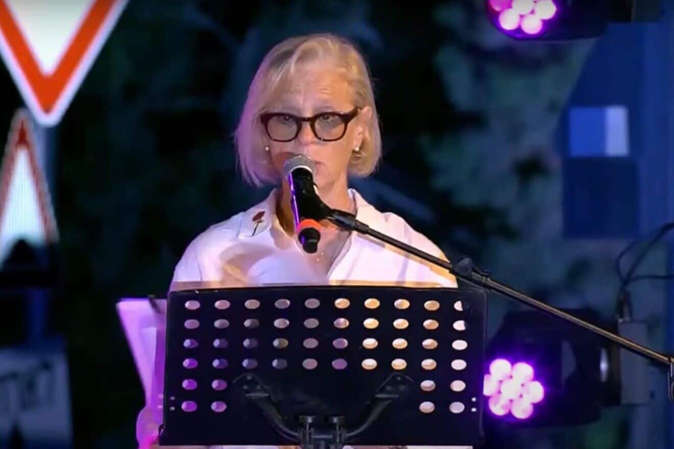 Debra Lust Zaluda, presaident of the Jewish National Fund-USA, at the Oct. 7 memorial ceremony at Kibbutz Re'im in southern Israel. Credit: Courtesy.