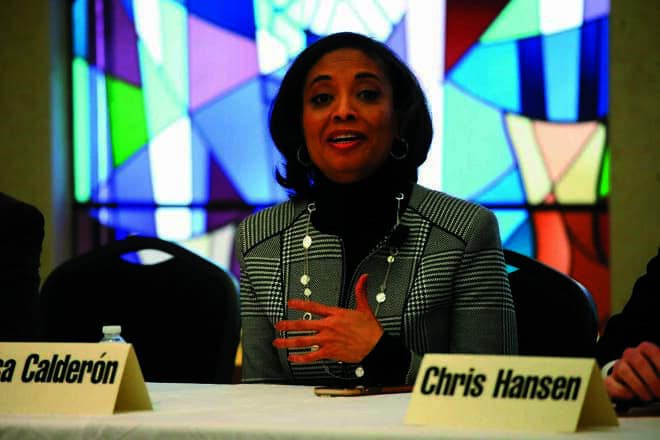 Lisa Calderón at a mayoral forum in Denver in 2023. Photo by Aleksei Kolesnikov.