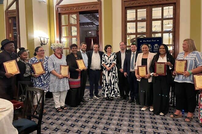Members of the Knesset’s Christian Allies Caucus (center) present awards at the King David Hotel in Jerusalem to Christian religious leaders visiting Israel in support of the Jewish state, Oct. 9, 2024. Credit: Courtesy.