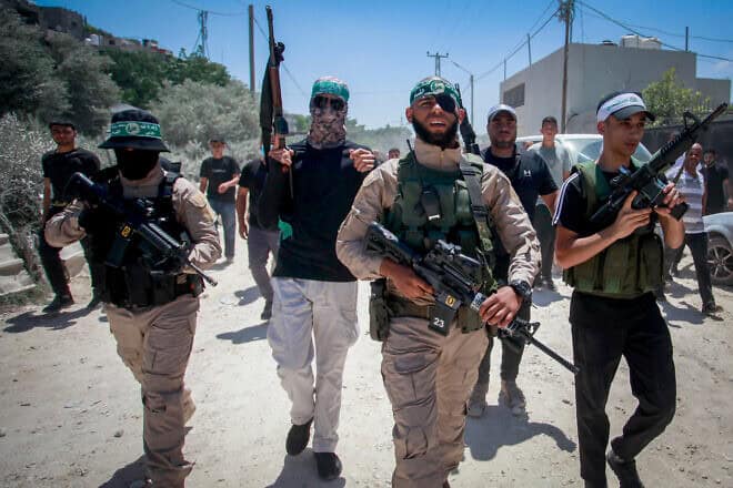 Terrorists attend the funeral of Palestinians killed in an Israeli airstrike in Nur Shams camp, near Tulkarem in Samaria, July 3, 2024. Photo by Nasser Ishtayeh/Flash90.