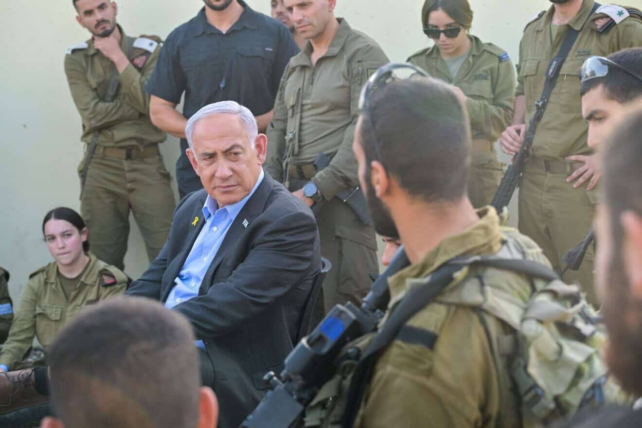 Israeli Prime Minister Benjamin Netanyahu visits the IDF's Golani Training Base near Binyamina, a day after a Hezbollah drone killed four soldiers and wounded dozens of others there, Oct. 14, 2024. Photo by Koby Gideon/GPO.