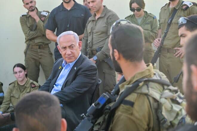 Israeli Prime Minister Benjamin Netanyahu visits the IDF's Golani Training Base near Binyamina, a day after a Hezbollah drone killed four soldiers and wounded dozens of others there, Oct. 14, 2024. Photo by Koby Gideon/GPO.