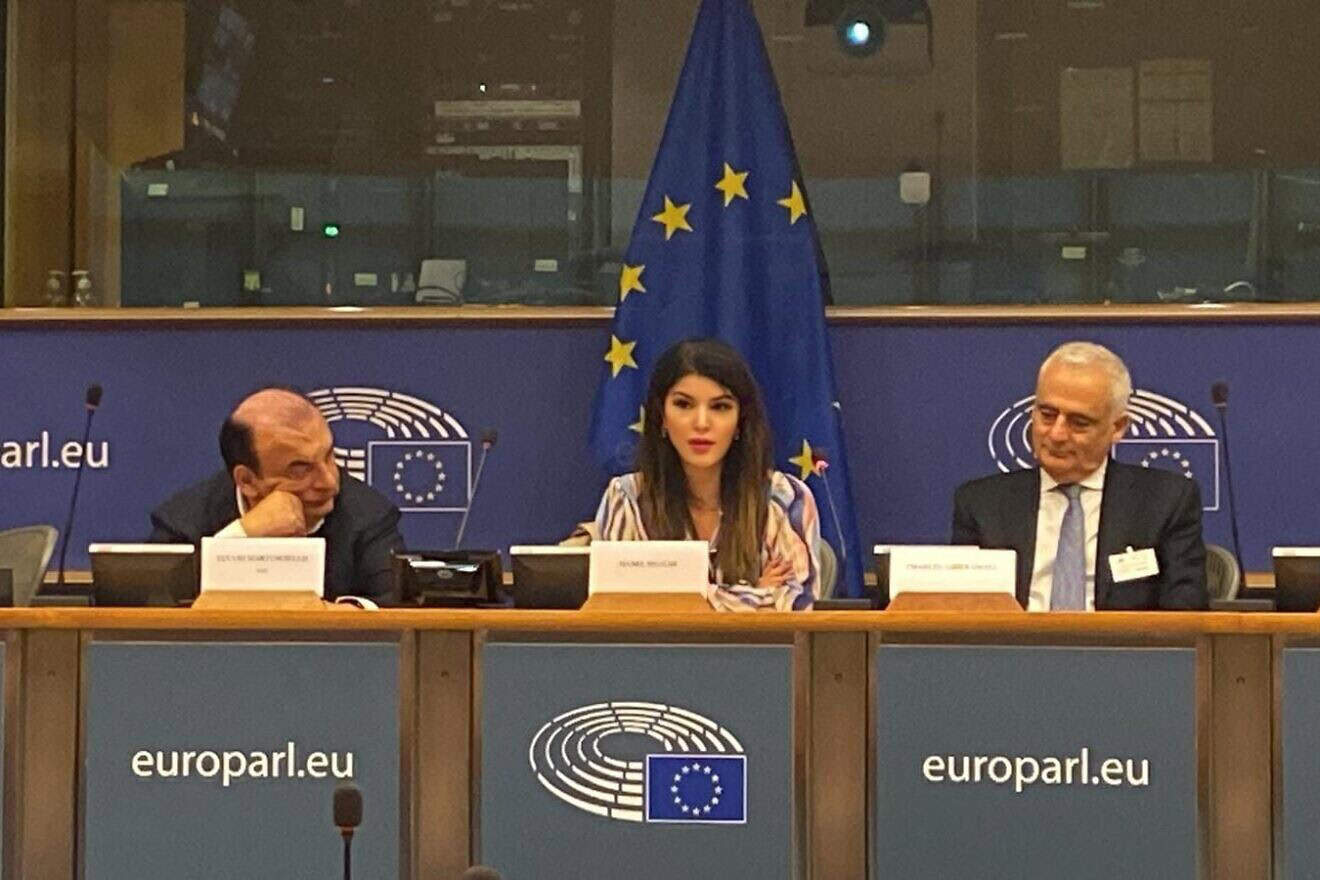 (L-R) MEP Fulvio Martusciello, Manel Mslalmi and Dr. Charles Asher Small speak at the E.U. Parliament in Brussels, Oct. 15, 2024. Credit: Courtesy.