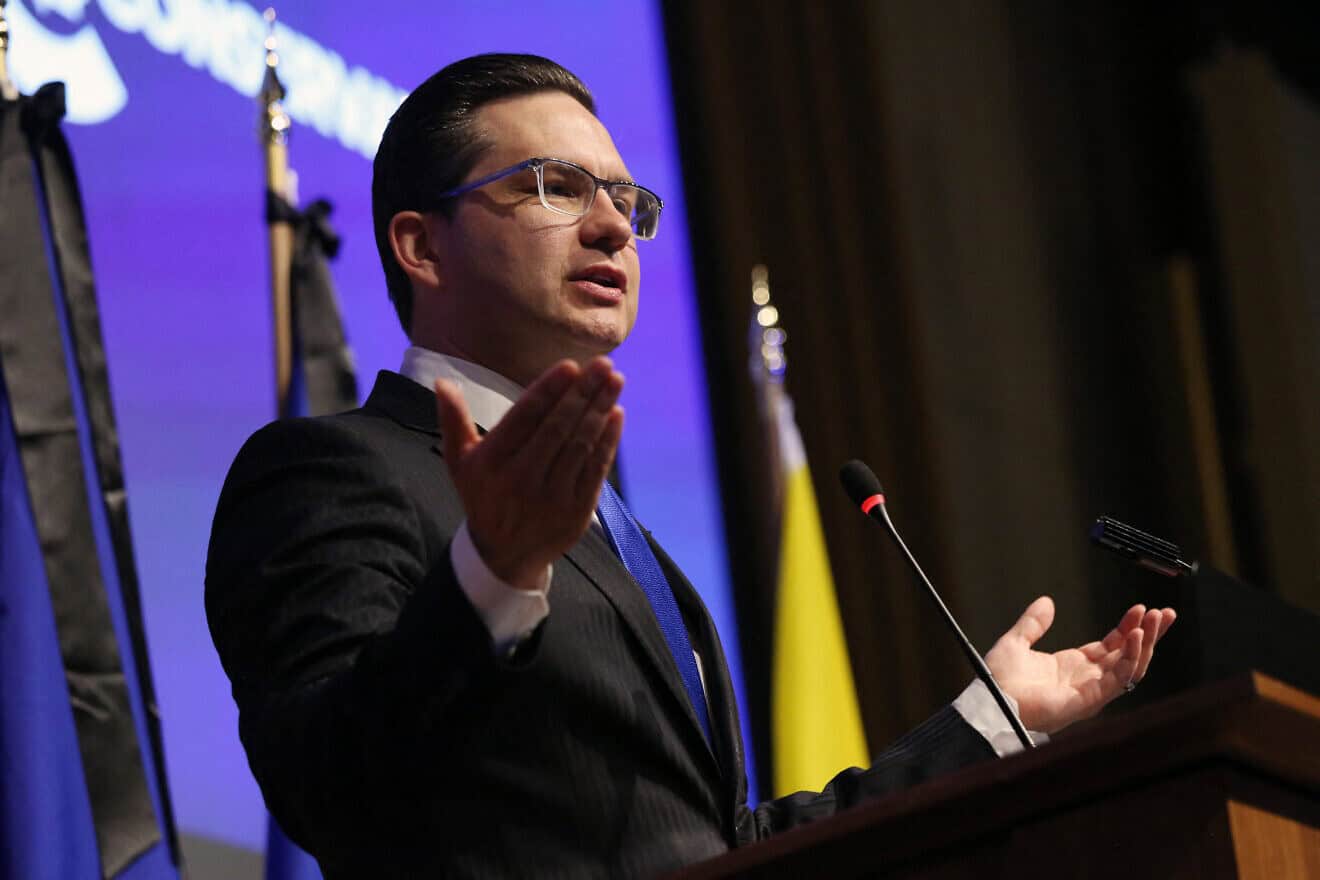 Canadian Conservative Party leader Pierre Poilievre speaks during the National Conservative caucus meeting in Ottawa, Canada, on Sept. 12, 2022. Photo by Dave Chan/AFP via Getty Images.