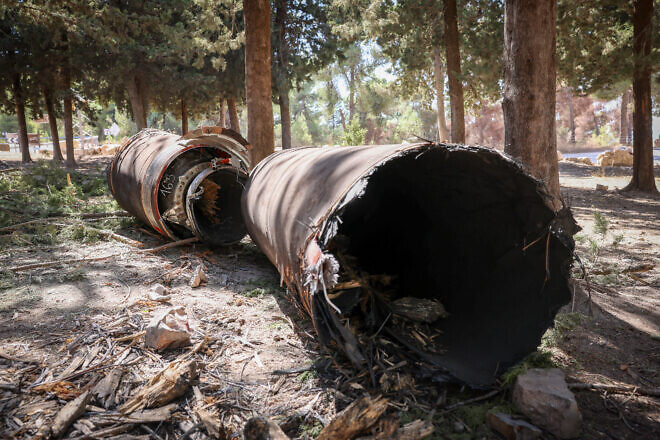 The remains of a missile fired from Iran into the Jewish state, seen in the forests of Safed in northern Israel on  Oct. 6, 2024. Photo by David Cohen/Flash90.