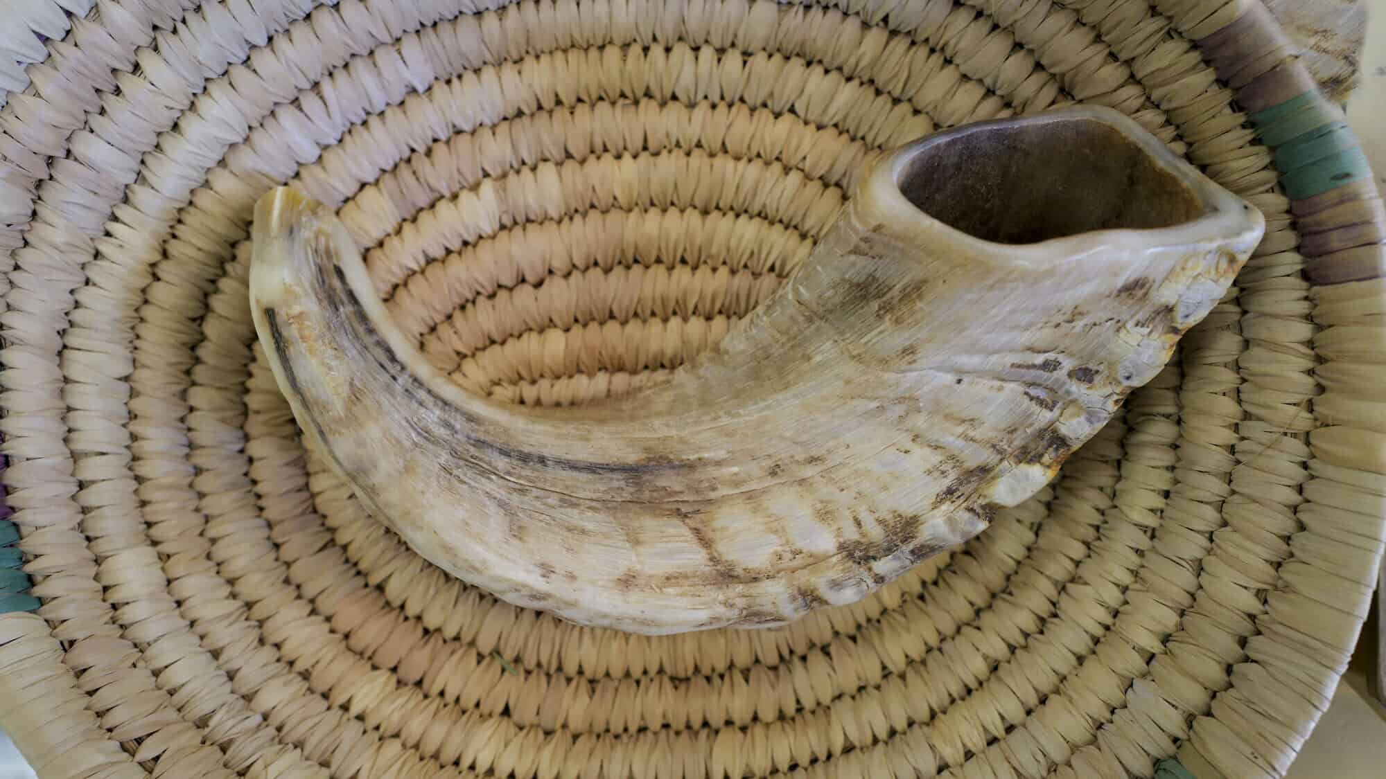 An item from the Kol Shofar workshop, owned by shofar specialist Shimon Keinan, in Givat Yoav in the southern Golan Heights, Sept. 30, 2024. Photo by Michael Giladi/Flash90.