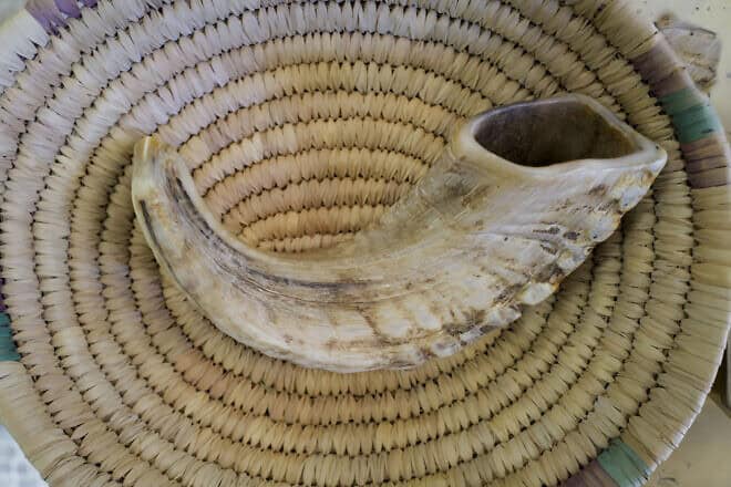 An item from the Kol Shofar workshop, owned by shofar specialist Shimon Keinan, in Givat Yoav in the southern Golan Heights, Sept. 30, 2024. Photo by Michael Giladi/Flash90.