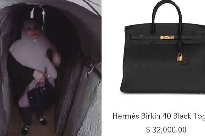 The wife of recently eliminated Hamas leader Yahya Sinwar seen holding a $32,000 Hermes bag while fleeing through tunnel. Credit: IDF.