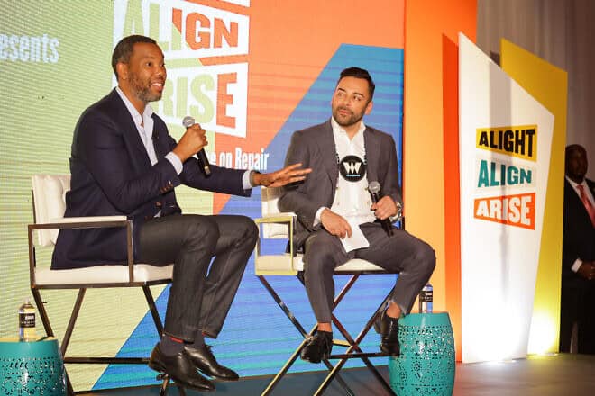 Ta-Nehisi Coates (left) and Edgar Villanueva, founder of the Decolonizing Wealth Project onstage during the Alight Align Arise: Advancing the Movement for Repair National Conference at Thompson Buckhead in Atlanta June 7, 2023. Photo by Carol Lee Rose/Getty Images for Decolonizing Wealth Project.