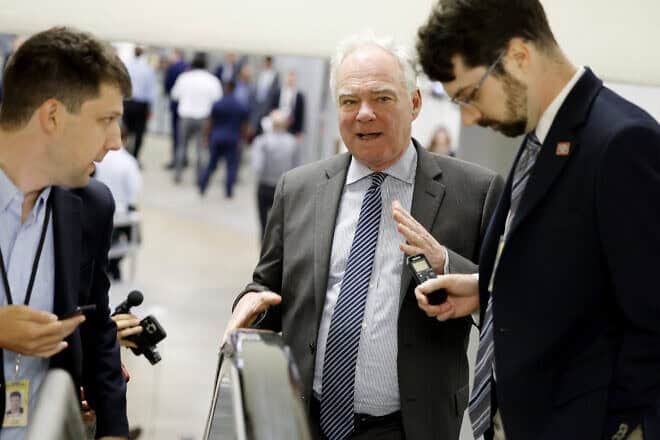 Sen. Tim Kaine (D-Md.) speaks to reporters in the Senate Subway during a vote at the U.S. Capitol in Washington, D.C., on June 20, 2024. Photo by Anna Moneymaker/Getty Images.