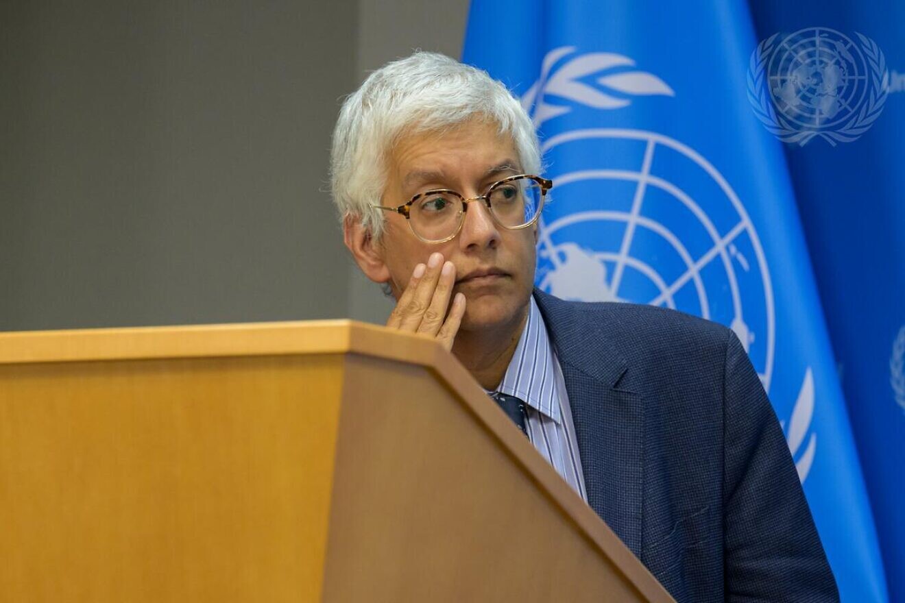 Farhan Haq, deputy spokesperson for António Guterres, the U.N. secretary-general, speaks at a press briefing about the U.N Relief and Works Agency on Oct. 10, 2024. Credit: Manuel Elías/U.N. Photo.