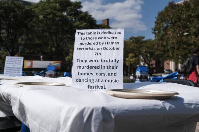 A Shabbat table sits   is Hornbake Plaza on the campus of the University of Maryland in College Park, Md., on Oct. 7, 2024. Michael A. McCoy for “The Washington Post” via Getty Images.