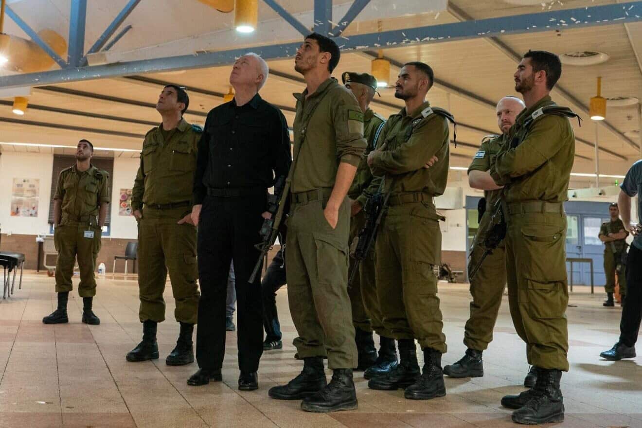 Israel's Defense Minister Yoav Gallant visits the IDF Golani training base near Binyamina that was hit by a Hezbollah drone strike, Oct. 14, 2024. Photo by Ariel Hermoni/Defense Ministry.
