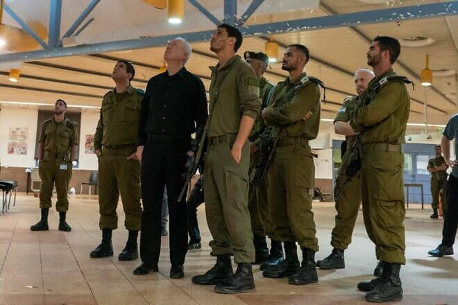 Israel's Defense Minister Yoav Gallant visits the IDF Golani training base near Binyamina that was hit by a Hezbollah drone strike, Oct. 14, 2024. Photo by Ariel Hermoni/Defense Ministry.