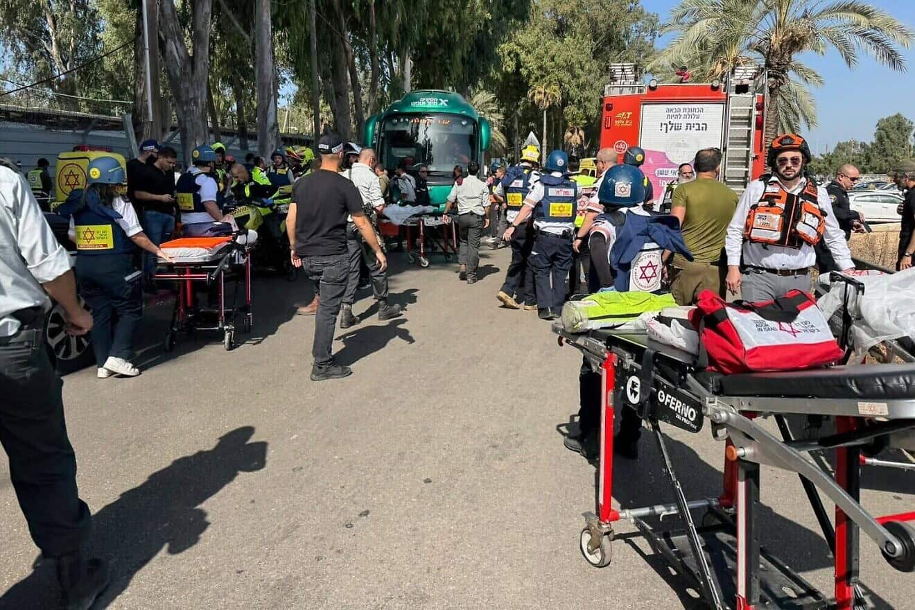 The scene of a suspected truck-ramming near a bus stop in central Israel on Oct. 27, 2024. Credit: MDA.