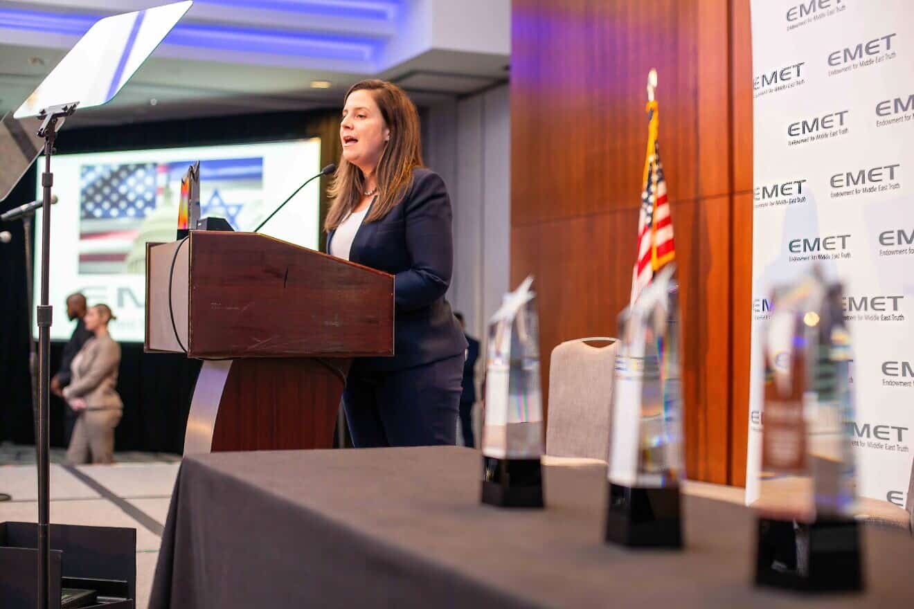 Rep. Elise Stefanik (R-N.Y.) speaks at an Endowment for Middle East Truth event in Washington, D.C., on Nov. 19, 2024. Credit: EMET.