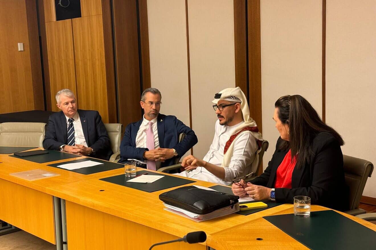Jewish businessman Eitan Neishlos (second from left) and Emirati strategist Amjad Tahad (second from right) meet with Australian Israel Parliamentary Group Senators Debra O'Neill and David Fawcett in Canberra, Australia, Nov. 5, 2024. Credit: Courtesy.
