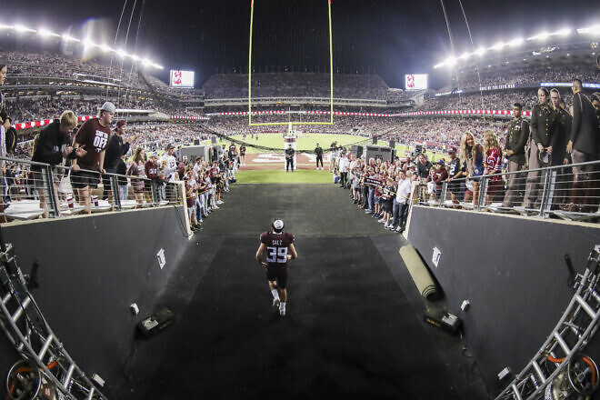 Wide receiver Sam Salz #39, of the Texas A&M Aggies, at during the game between the New Mexico State Aggies and the Texas A&M Aggies at Kyle Field in College Station, Texas, Nov. 16, 2024. Photo by Ishika Samant/Texas A&M Athletics.