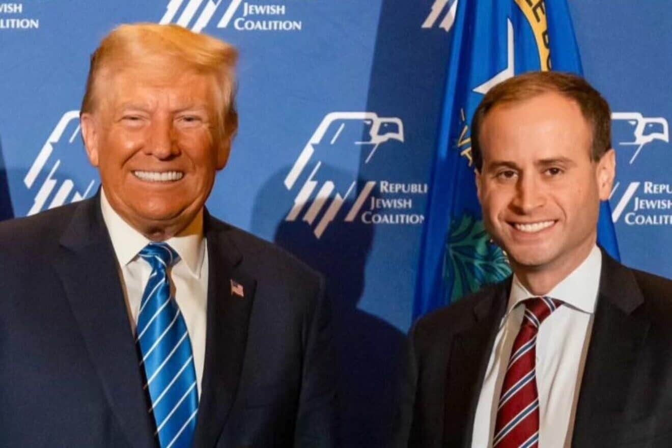 Former President Donald Trump and Will Scharf at a Republican Jewish Coalition summit. Credit: Courtesy.