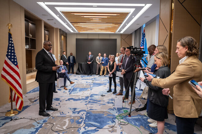U.S. Defense Secretary Lloyd Austin speaks with reporters after attending the Association of Southeast Asian Nations Defense Ministers' informal Meeting in Vientiane, Laos, Nov. 20, 2024. Credit: U.S. Air Force Tech. Sgt. Jack Sanders/U.S. Department of Defense.