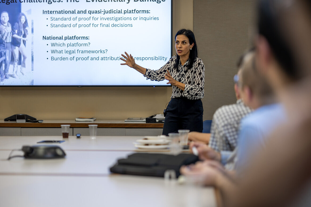 Israeli law professor and activist Yifat Bitton speaks at Yeshiva University in Manhattan on Nov. 6, 2024. Credit: Ezra Rosenfeld/Rosenfeld Studios.