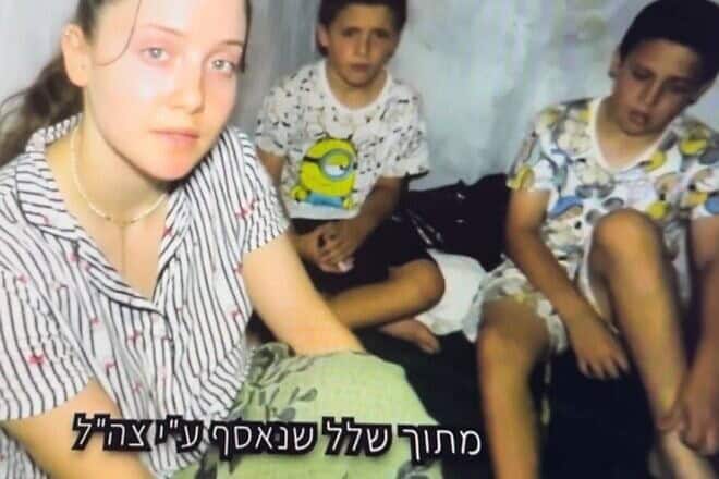 Agam Goldstein-Almog and her brothers, photographed by a Hamas terrorist during their captivity in Gaza. Credit: @BringThemHome23.