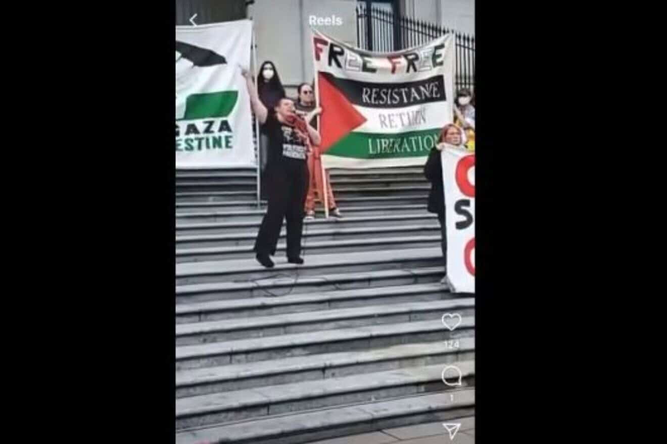 Samidoun international coordinator Charlotte Kates praising terrorist groups on the steps of the Vancouver Art Gallery on April 26, 2024. Credit: Freepalestinetricitiesbc/Instagram.