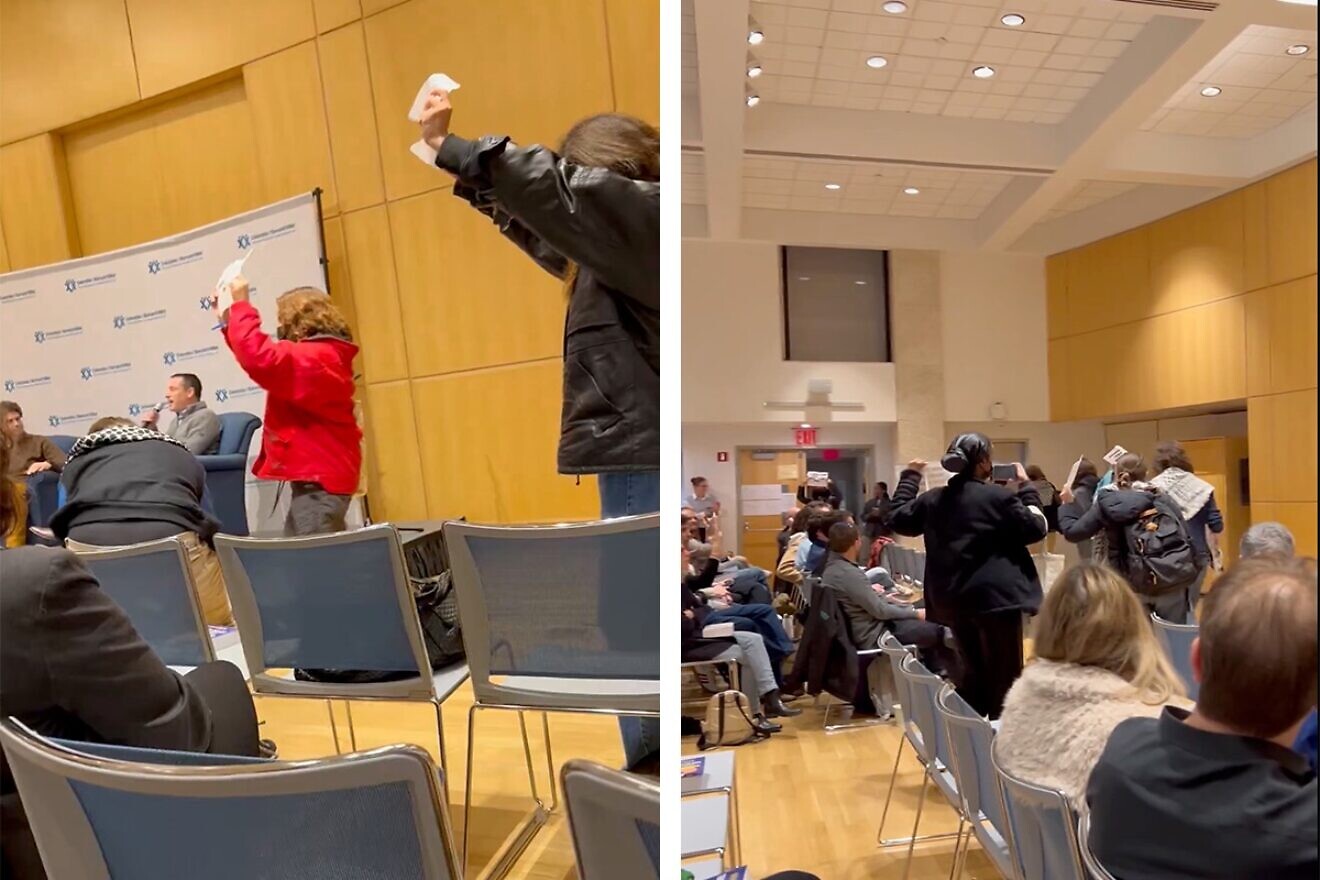 Protesters disrupt a Nov. 21, 2024, event at Columbia Hillel with journalist Barak Ravid. Source: Screen captures from video, with permission from Elisha (Lishi) Baker.