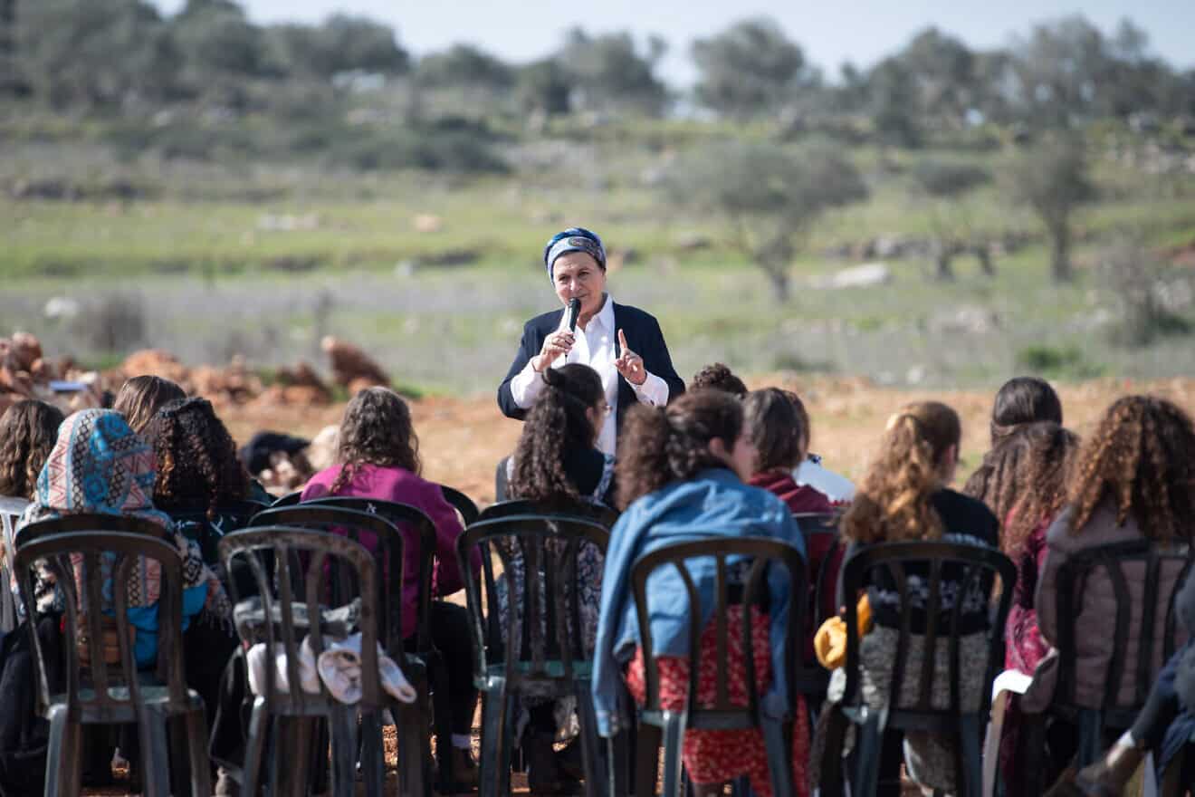Nachala Settlement Movement founder Daniella Weiss speaks during a protest calling for return to the Evyatar outpost, near Nablus, on Feb. 18, 2022. Photo by Sraya Diamant/Flash90.