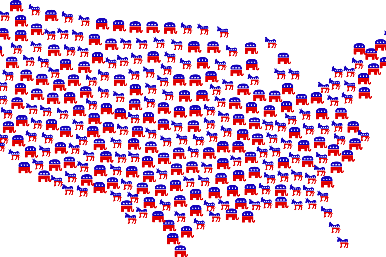A random depiction of a U.S. map of Democratic and Republican voters. Credit: GDJ/Pixabay.
