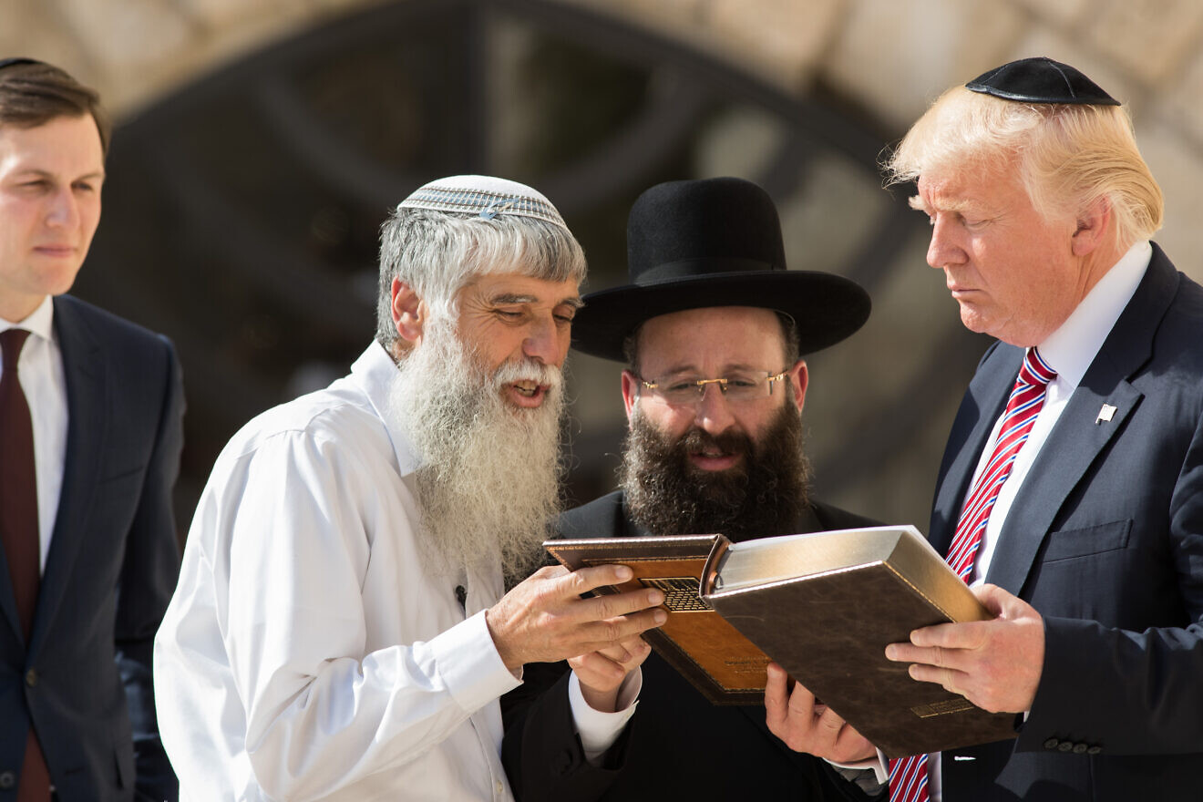 U.S. President Donald Trump with Rabbi of the Western Wall Shmuel Rabinowitz at the Western Wall, Old City of Jerusalem on May 22, 2017. Photo by Nati Shohat/Flash90.