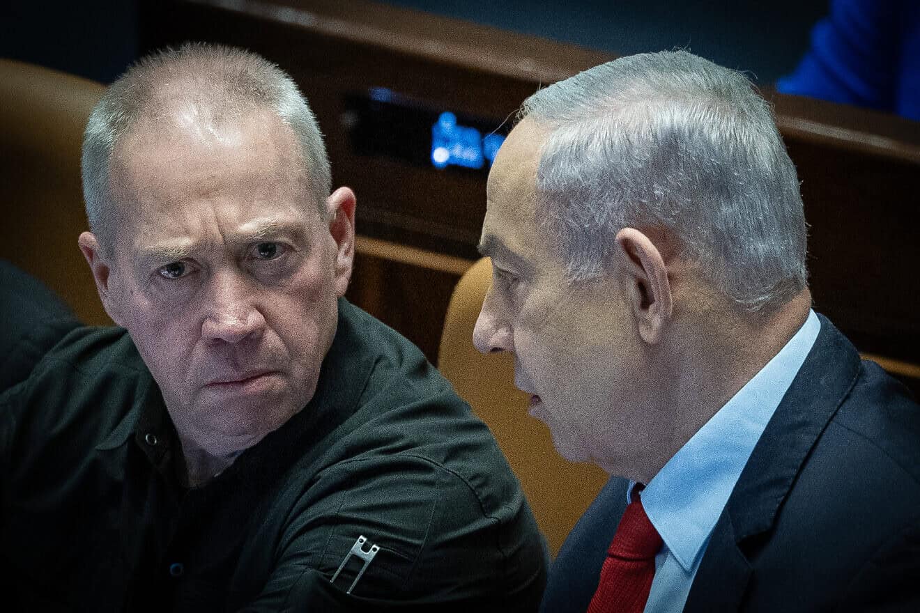 Prime Minister Benjamin Netanyahu and then-Defense Minister Yoav Gallant at the Knesset in Jerusalem, March 13, 2024. Photo by Yonatan Sindel/Flash90.