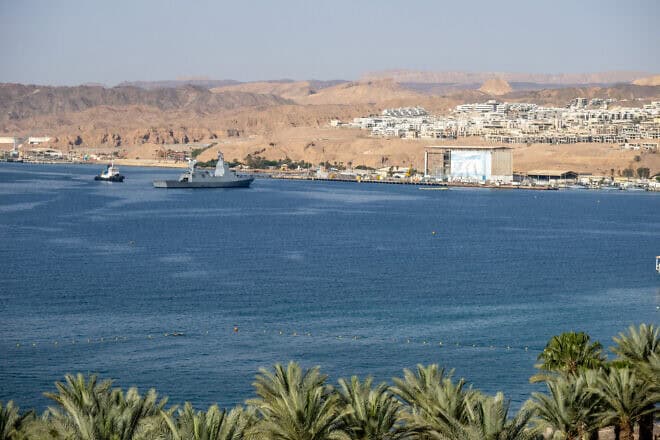 An Israeli Navy ship patrols off the Eilat shore on April 17, 2024. Photo by Yossi Aloni/Flash90.