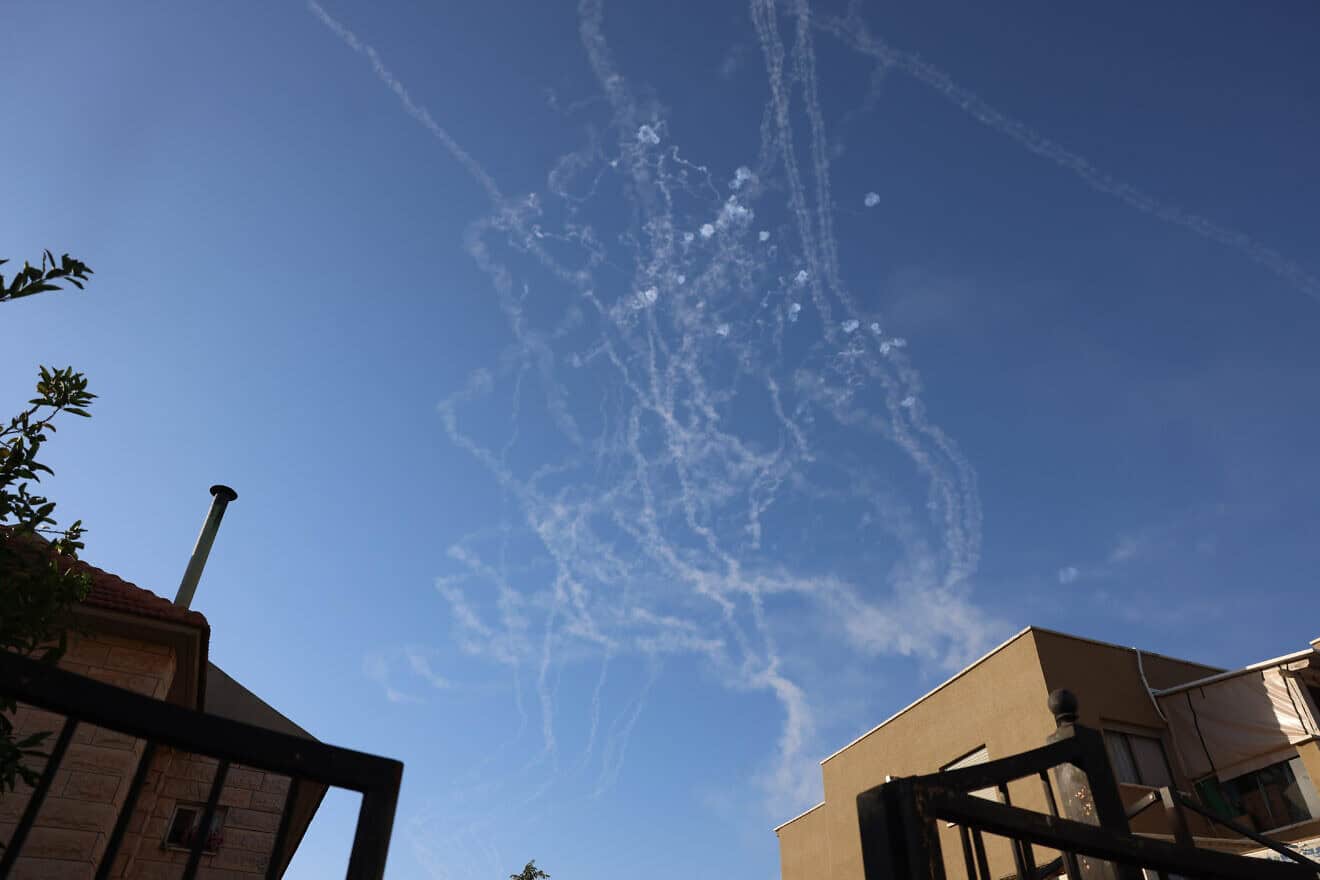 Israeli aerial defense systems intercept Hezbollah rockets over the Upper Galilee, as seen from Safed, Oct. 9, 2024. Photo by David Cohen/Flash90.