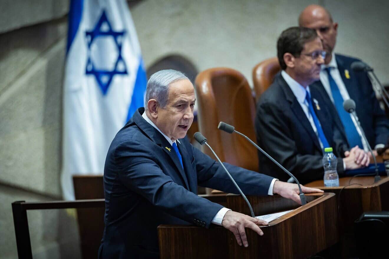 Israeli Prime Minister Benjamin Netanyahu speaks during a plenary session of the opening day of the winter session at the Knesset, the Israeli parliament, in Jerusalem, Oct. 28, 2024. Photo by Yonatan Sindel/Flash90.