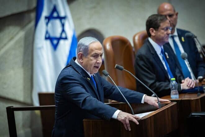 Israeli Prime Minister Benjamin Netanyahu speaks during a plenary session of the opening day of the winter session at the Knesset, the Israeli parliament, in Jerusalem, Oct. 28, 2024. Photo by Yonatan Sindel/Flash90.