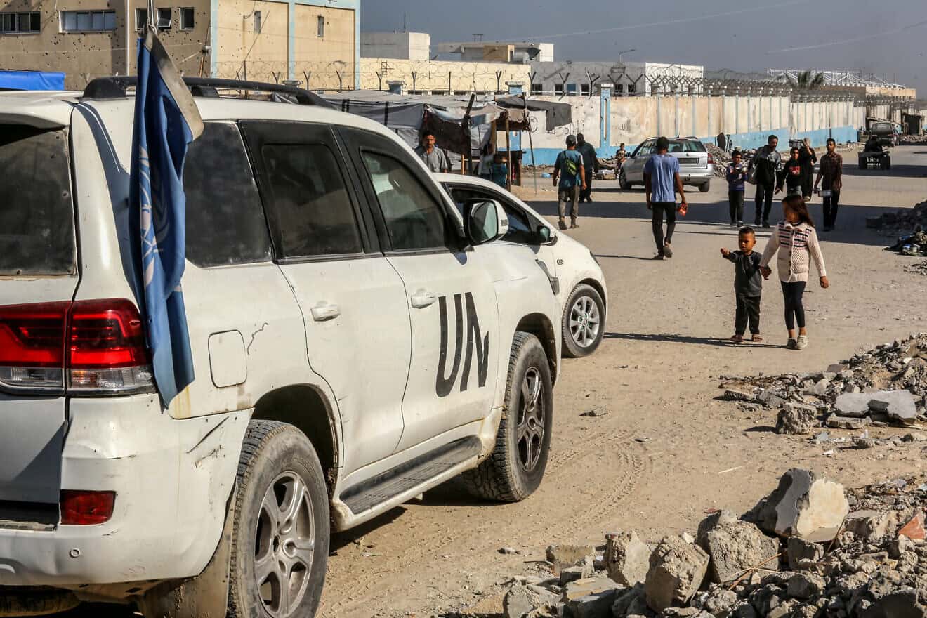 Palestinians seen outside a health-care clinic of the UNRWA (U.N. Relief and Works Agency for Palestine Refugees) in Deir al-Balah, in the central Gaza Strip, on Oct. 31, 2024. Photo by Abed Rahim Khatib/Flash90.