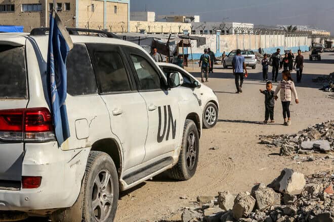 Palestinians seen outside a health-care clinic of the UNRWA (U.N. Relief and Works Agency for Palestine Refugees) in Deir al-Balah, in the central Gaza Strip, on Oct. 31, 2024. Photo by Abed Rahim Khatib/Flash90.