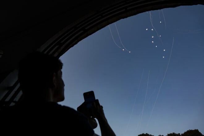 An anti-missile system fires interception missiles at rockets fired from Lebanon, in Kiryat Yam, near Haifa, on Nov. 7, 2024. Photo by David Cohen/Flash90.