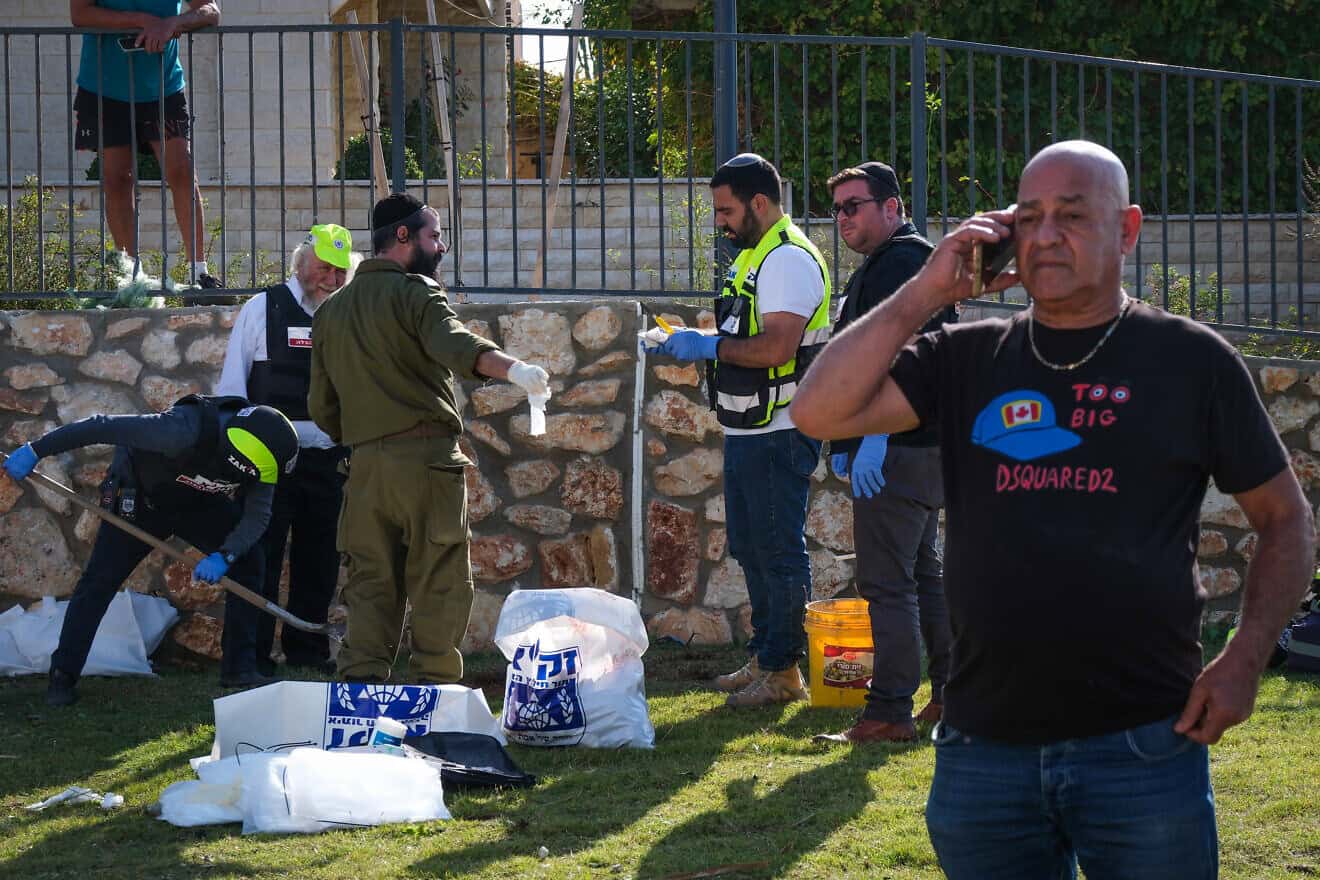 Israeli security and rescue forces at the scene where a man was killed by a Hezbollah rocket fired from Lebanon, in northern Israeli city of Nahariya, Nov. 21, 2024. Photo by Fadi Amun/Flash90.