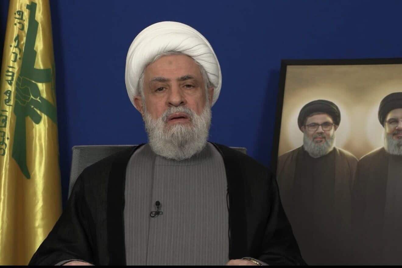 Hezbollah Secretary-General Naim Qassem in a televised address, Nov. 20, 2024. Source: Screenshot.